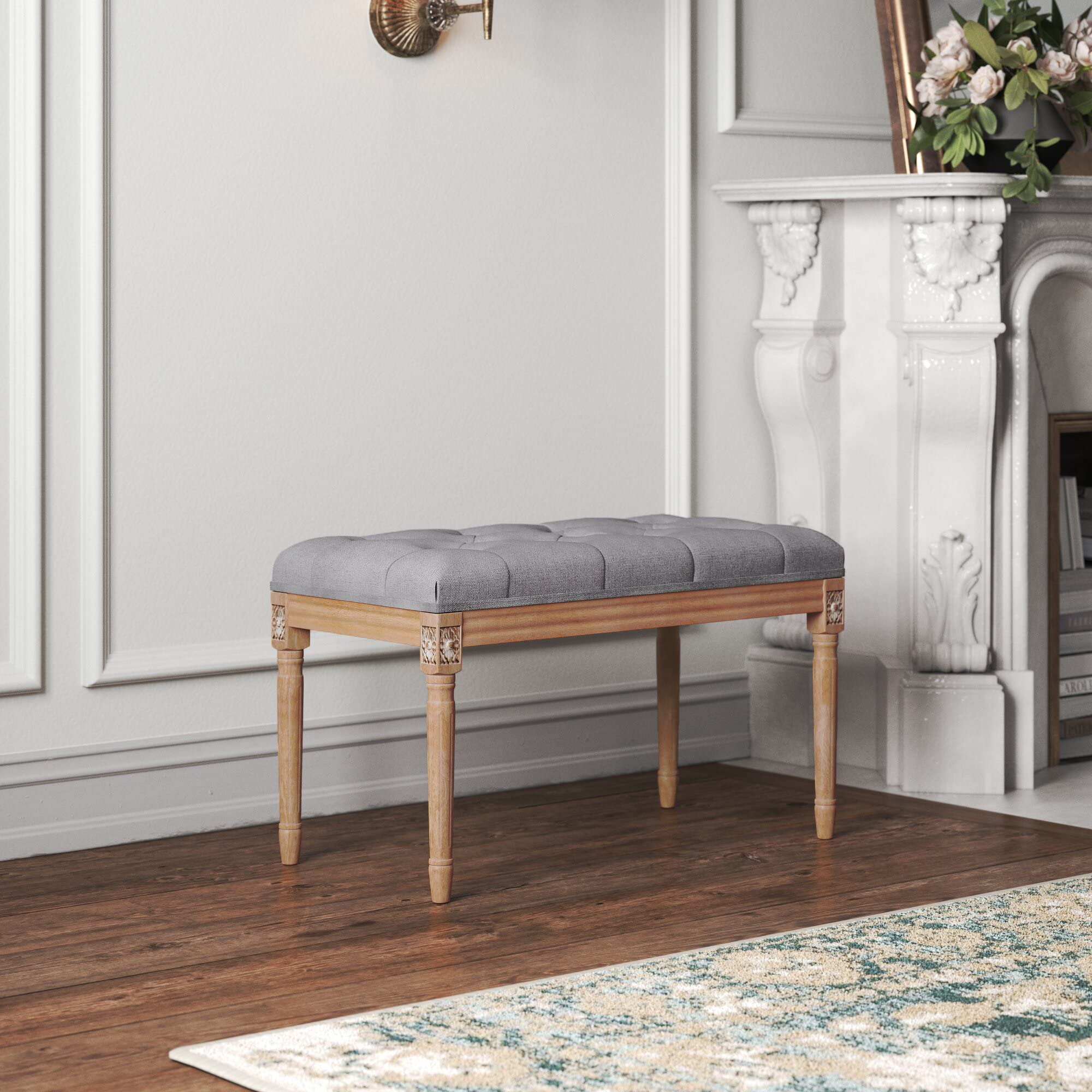 WINGBO 31.5" Rectangular Tufted Ottoman Bench Seat, Birch Frame & Carved Rubber Wood Legs & Faded Wood Finish, French Style Home Furniture for Entryway Foyer Mudroom Bedroom End of Bed, Grey