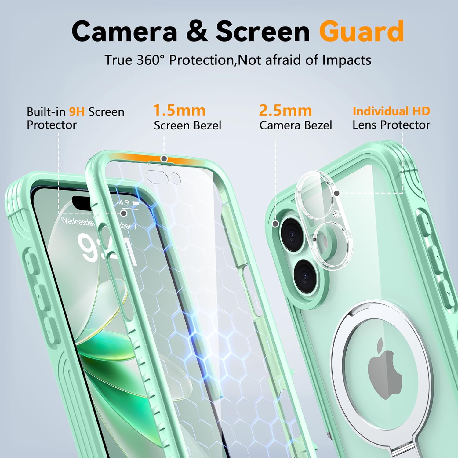 Oneagle Magnetic Stand for iPhone 16 [Fit for MagSafe], 360 Full Body Shockproof Case With Built-in 9H Glass Screen Protector, Magnet Ring Kickstand, Camera Protector, and Soft TPU Bumper