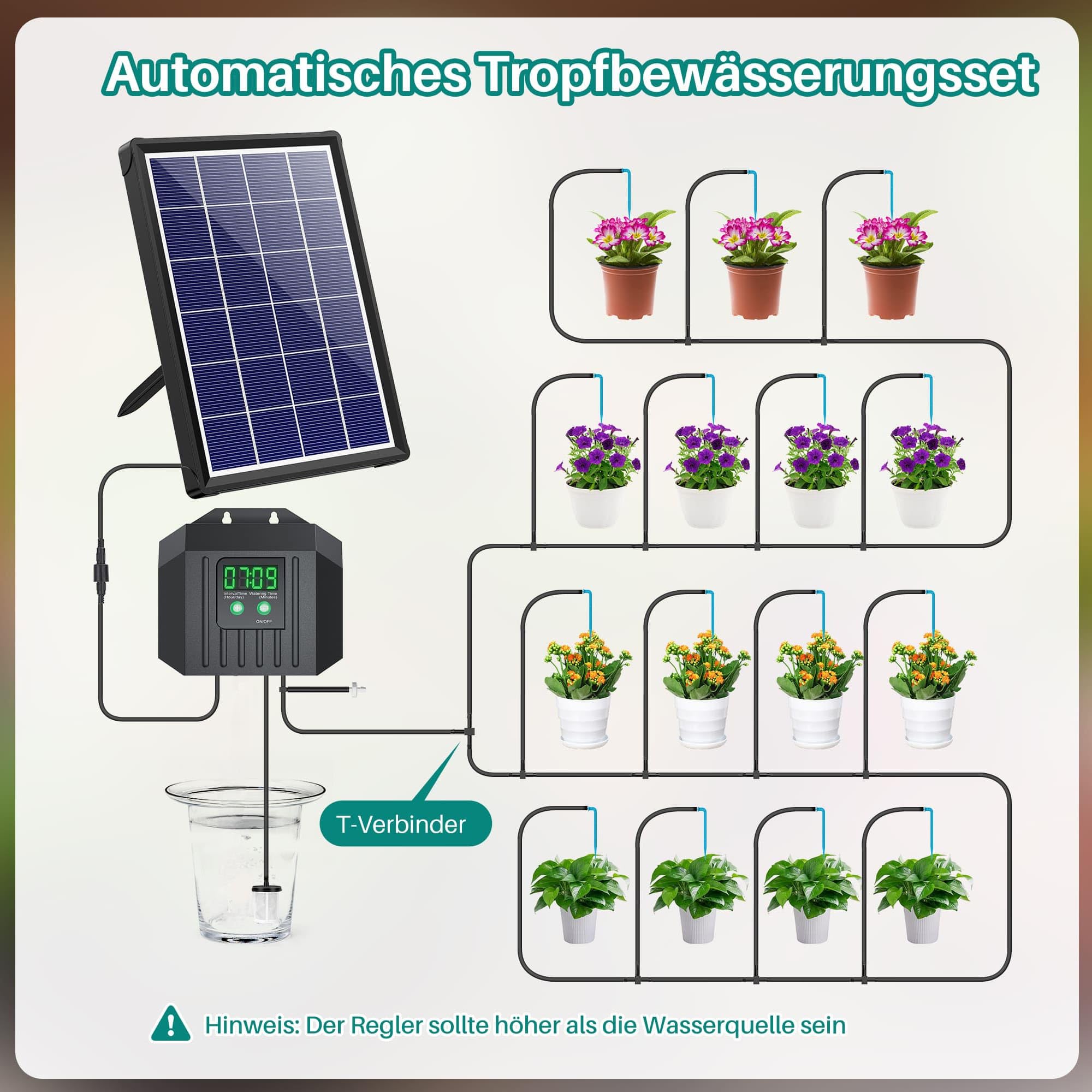 Biling Solar Automatische Bewässerung für Pflanzen im Urlaub, 3,5W 15M Solar Bewässerungssystem mit Timer für Garten Balkon Gewächshaus Blumen Pflanzenbewässerung, Eitersparnis und Umweltbonus