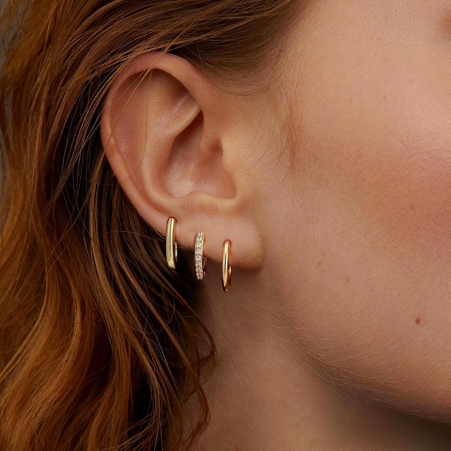 Small 14K Gold Plated Chunky Hoop Earrings for Women Hypoallergenic Silver Earrings Set for Sensitive Ears Non Tarnish Huggie Hoops Earring Stacks for Multiple Piercing Jewelry Lightweight 3Pairs