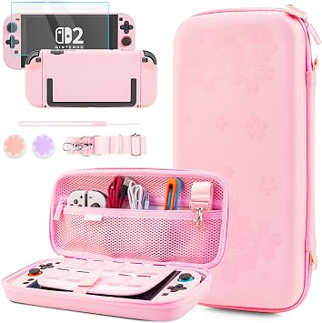 GLDRAM Pink Cherry Blossom Carrying Case for Nintendo Switch 2, Cute Girly Accessories with Sakura Travel Storage Bag, Hardshell Protective Cover, Screen Protector, Shoulder Wrist Strap & Thumb Caps