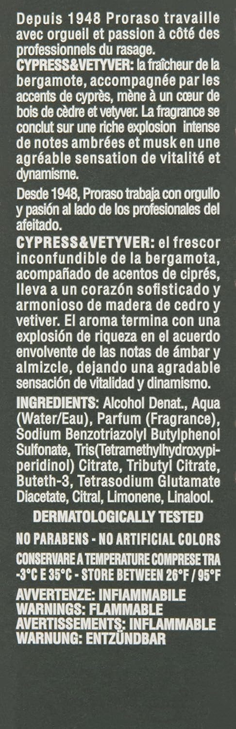 Proraso Cypress and Vetvyer Cologne - Masculine Woody Earthy Eau de Cologne - Bergamot, Cypress, Cedarwood & Vetiver Fragrance for Men - 3.4oz