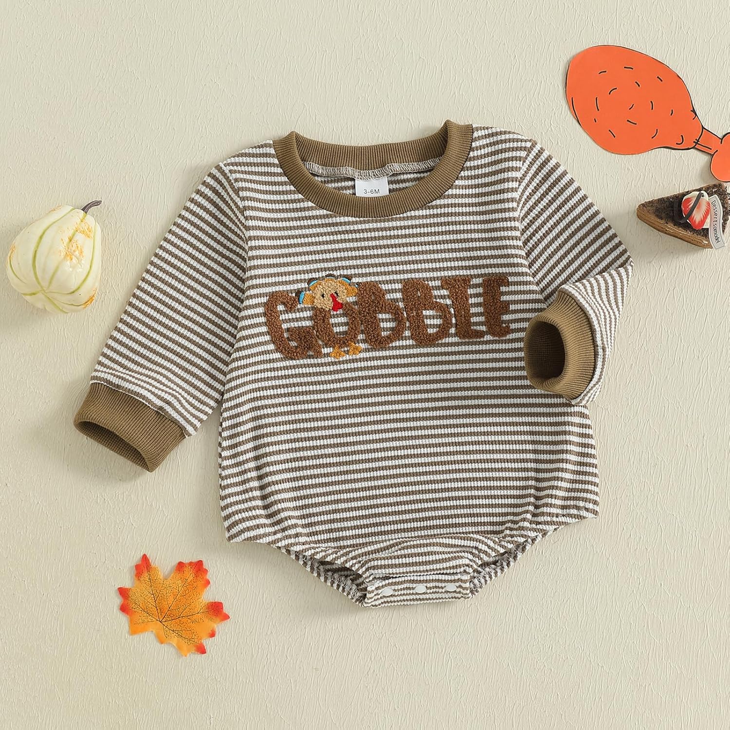 Baby Boy Girl Thanksgiving Outfit Gobble Turkey Embroidery Sweatshirt Romper Stripe Waffle Knit Bodysuit Sweater Top - Image 5