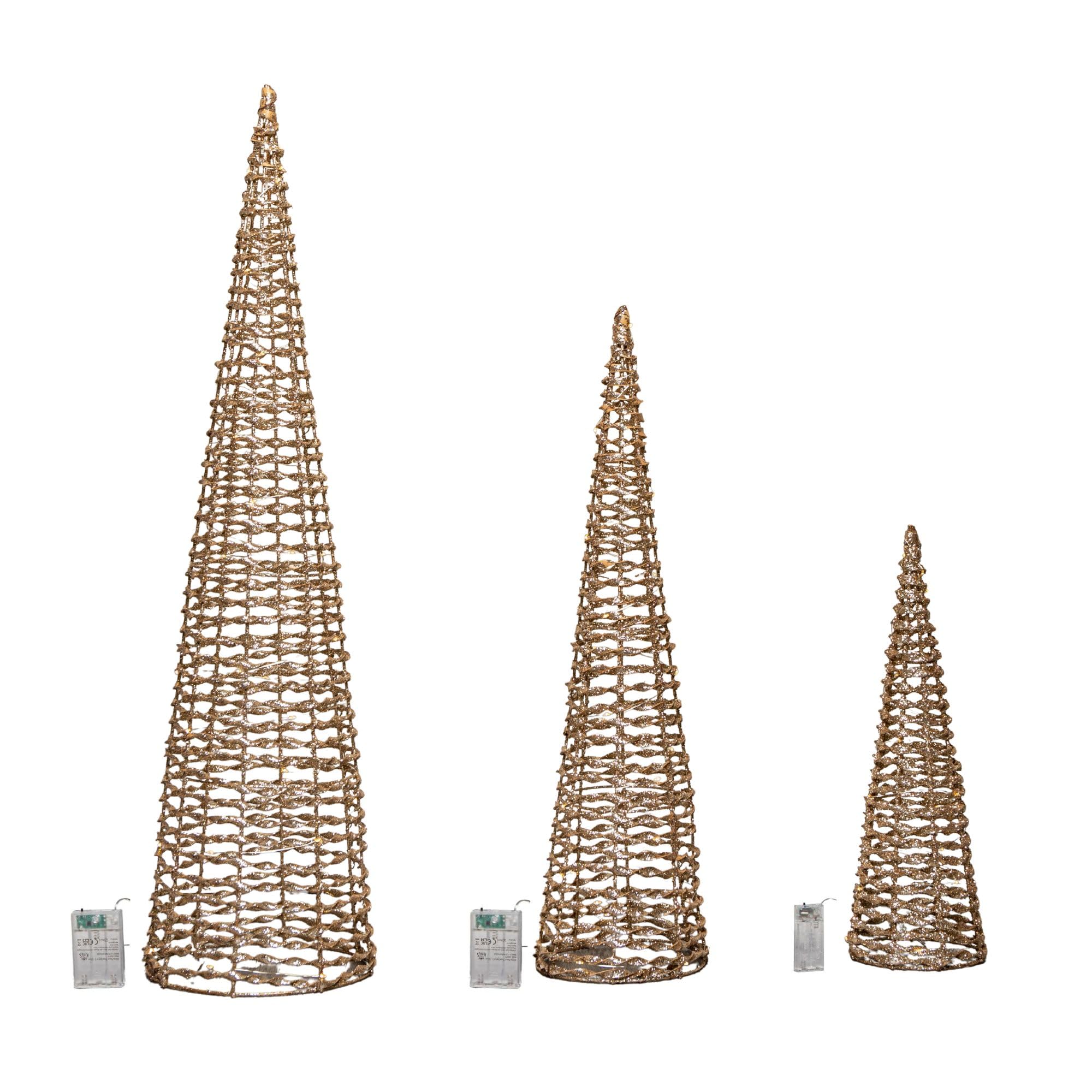 Samuel Alexander Gold Glitter LED Christmas Cone Trees - Warm White - 3 Pack