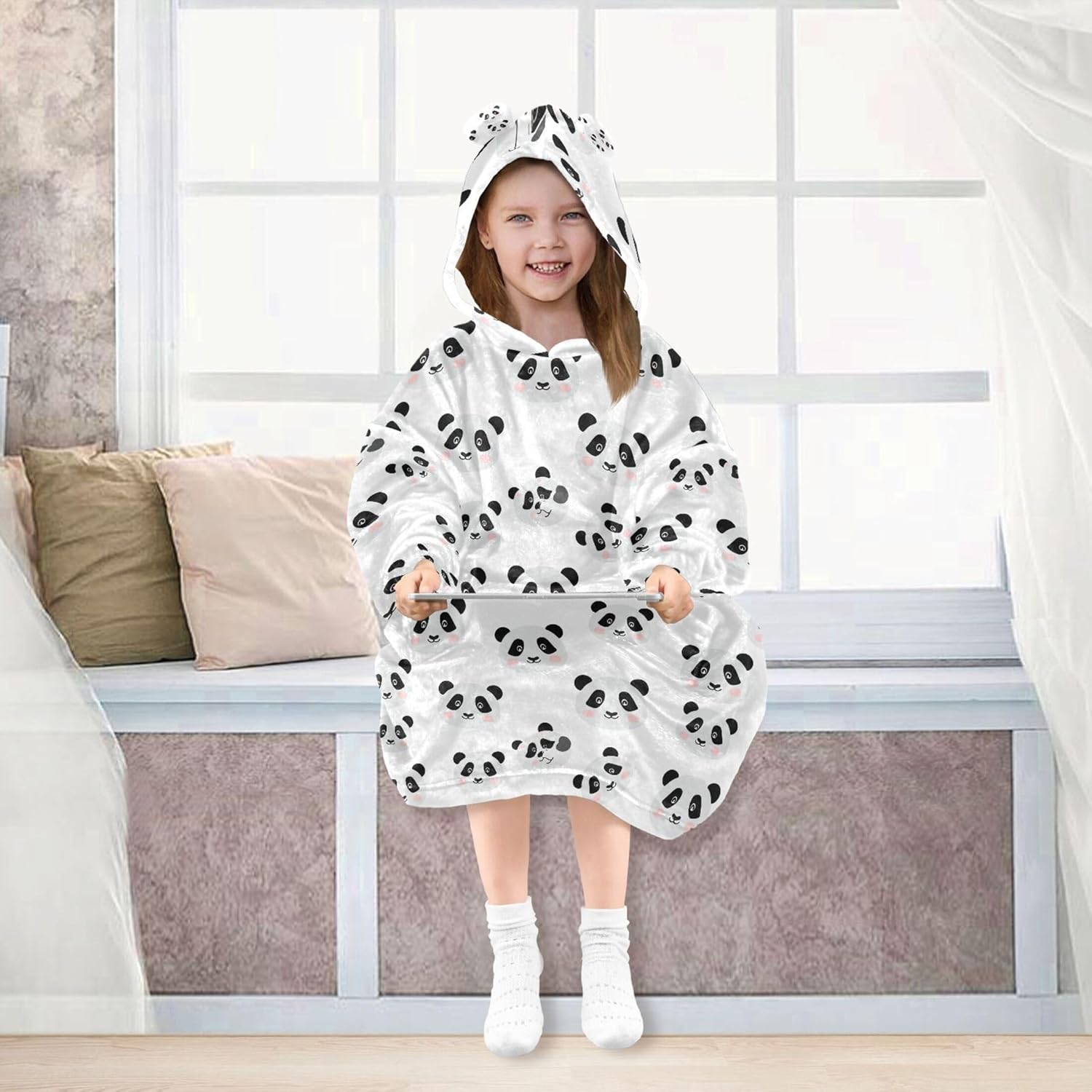 Cute Panda Kids Wearable Blanket Hoodie with Pocket and Sleeves for Toddlers, Cute Hoodies 3-14 Year Girls Boys