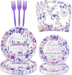 80 Pcs A Little Butterfly Is On The Way Party Supplies Spring Butterfly Baby Shower Paper Plates Napkins Forks Dinnerware for Butterfly Theme Girls Gender Reveal 1st Bday Party Decorations