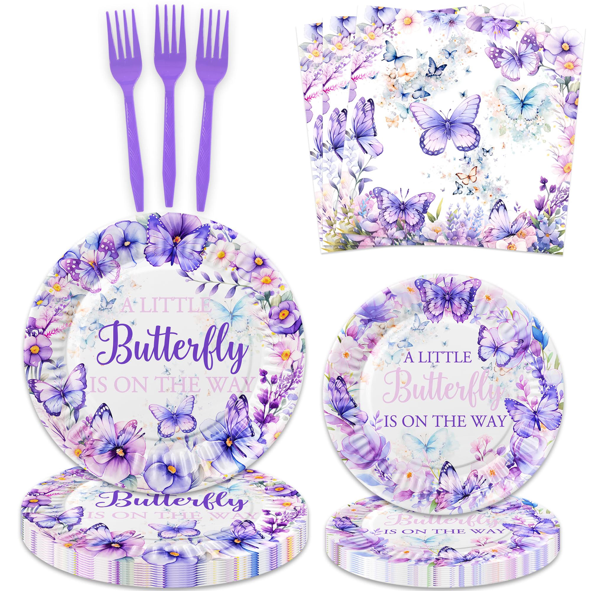 80 Pcs A Little Butterfly Is On The Way Party Supplies Spring Butterfly Baby Shower Paper Plates Napkins Forks Dinnerware for Butterfly Theme Girls