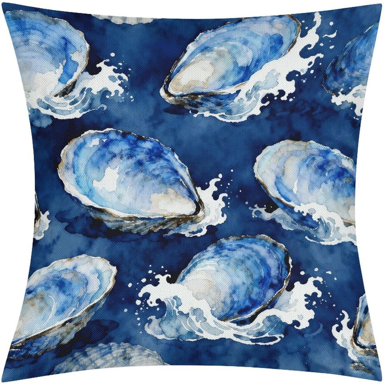 Blue Abalone Mollusk Shell Patten Pillow Protectors Cute Waterproof Pillow Cover Soft Skin-Friendly Cushion Case Decorative Square Cushion Cover for Couch Sofa Bed Living Room Bedroom