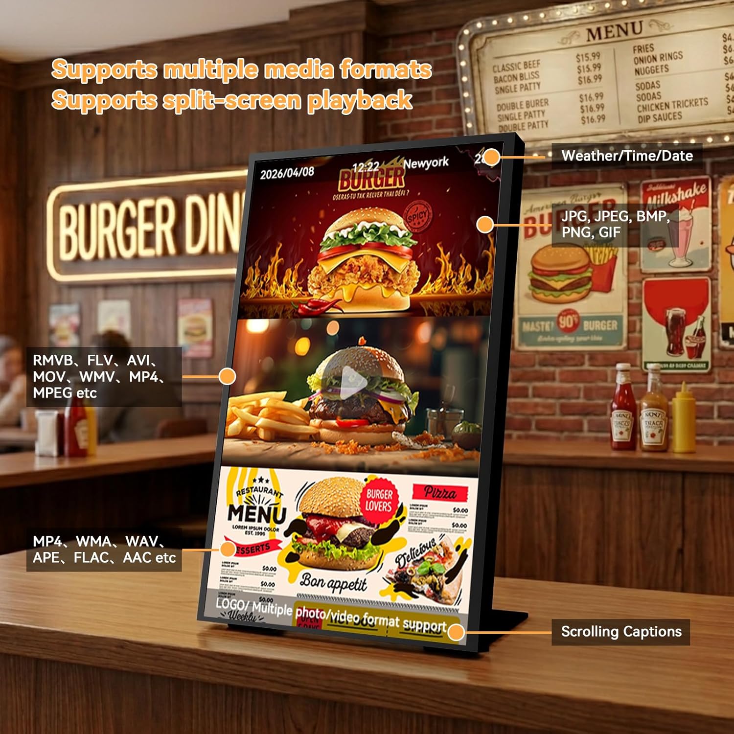 18.5" Digital Signage Display, 700 Nits Digital Menu Board | Built-in CMS for Restaurants, Retail Stores, Cafes, Hotels, Business Advertising, Menu Display, Plug & Play via USB or HDMI thumbnail
