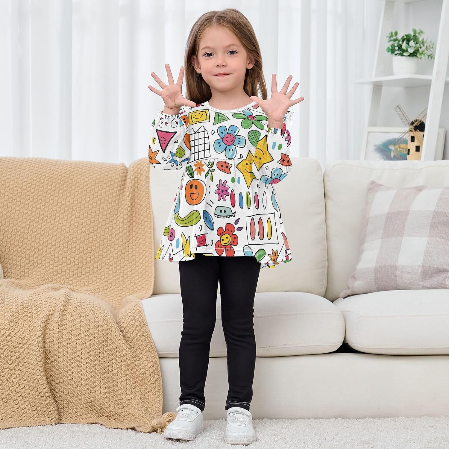 visesunny Toddler Clothes for Girls Children Doodle Long Sleeve Fall Shirts Cotton Top with Ruffle Collar