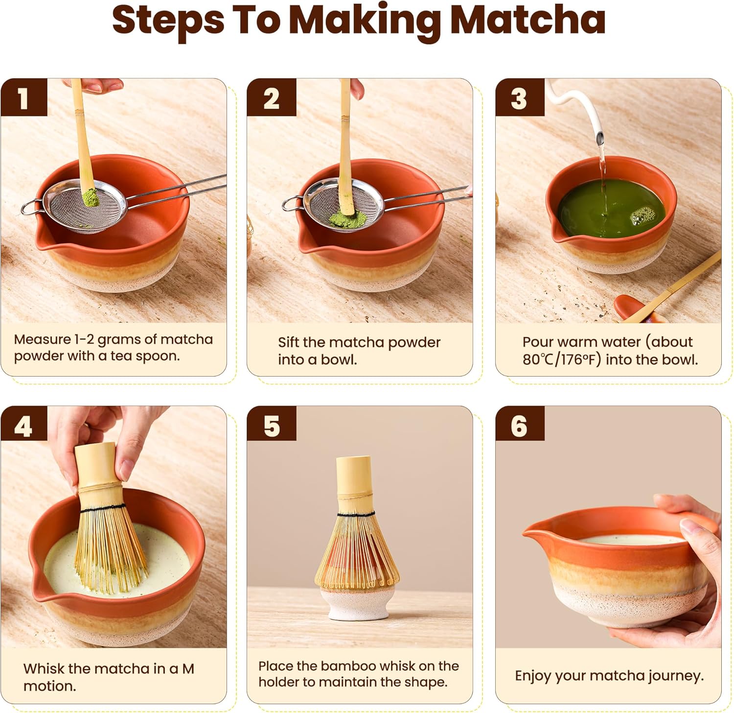 Matcha Whisk Set, Ceramic Matcha Kit Desert Style, Matcha Whisk and Bowl, Bamboo Scoop and Rest, Sifter and Tea Towel, 7 Pcs Gifts for Matcha Lover - Matte Soil