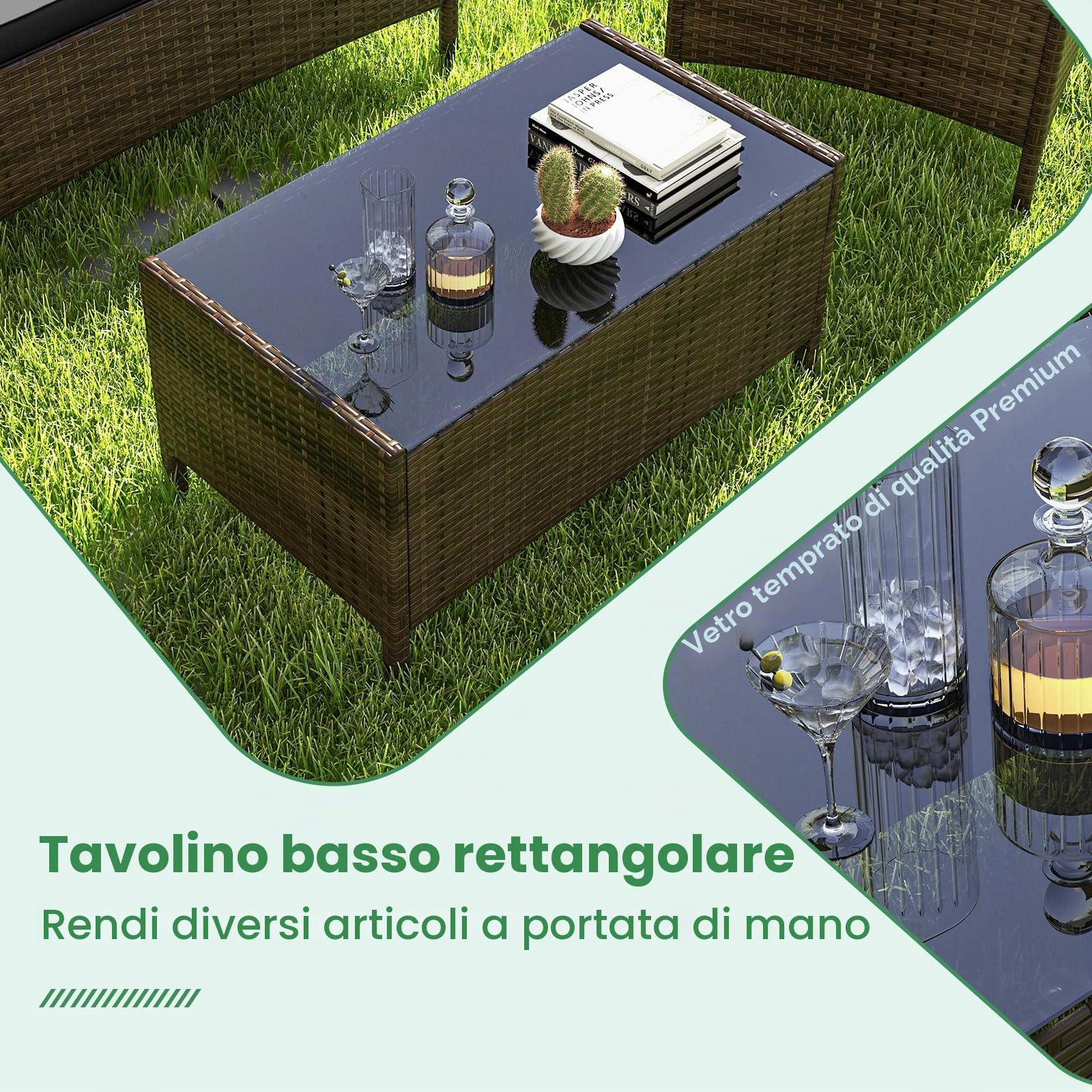 Giantex Set di mobili da giardino in rattan, 4 pezzi, con divano a 2 posti, tavolo e 2 sedie, mobili da terrazza con cuscini per 4 persone, per esterni, per balcone, terrazza e giardino (nero)