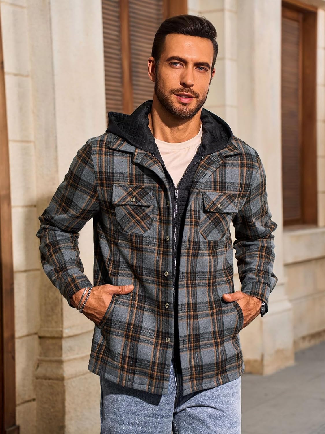 Yousify Mens Sherpa Flannel Shirt Jacket Fleece Lined Hooded Jacket Long Sleeve Button and Zipper Plaid Winter Coat - Image 2