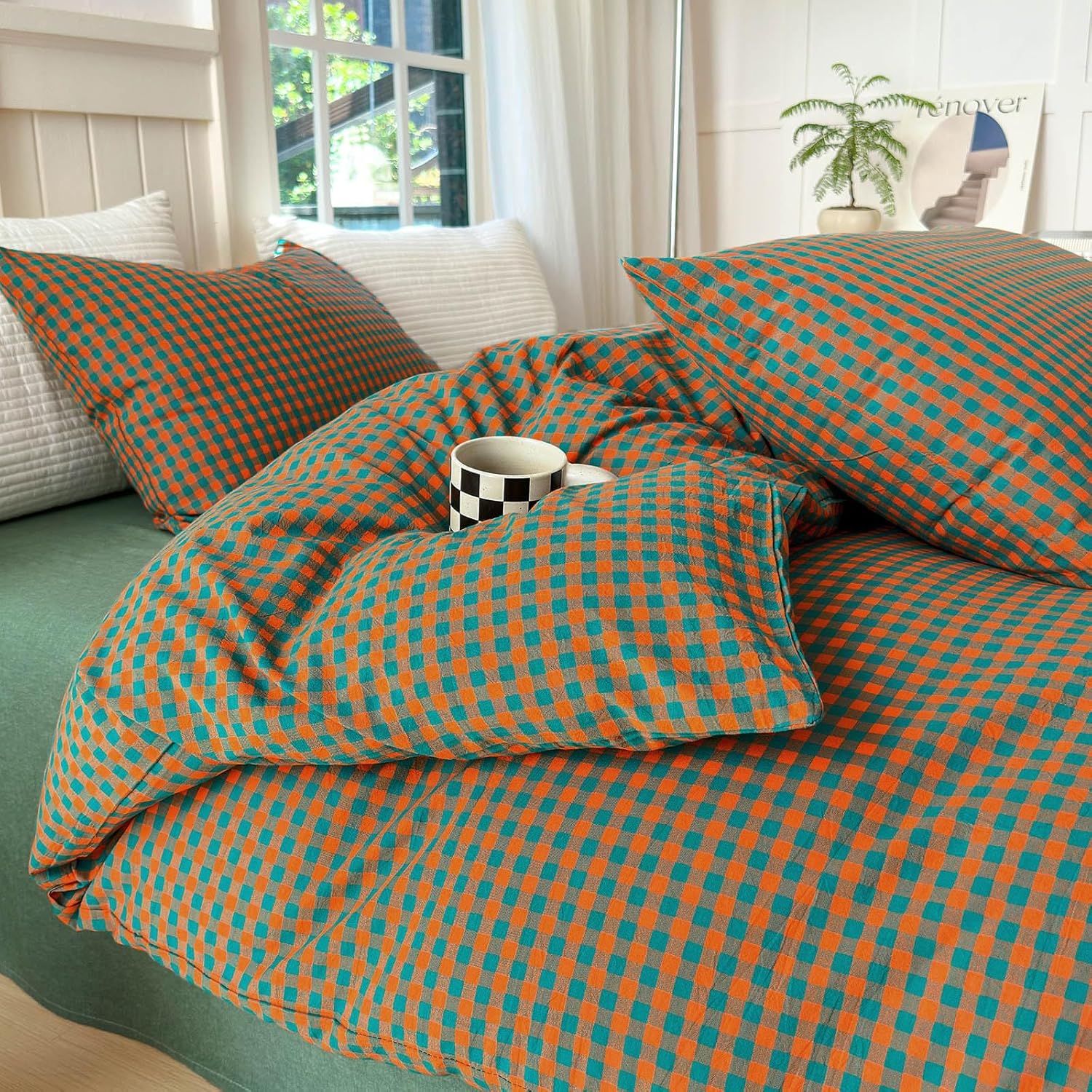 LifeTB Twin XL Comforter Set Orange Green Gingham Comforter with 2 Pillowcases Modern Style Grid Plaid Comforter Set Lightweight Soft Gingham Bedding Set Fluffy Checkered Comforter Twin XL