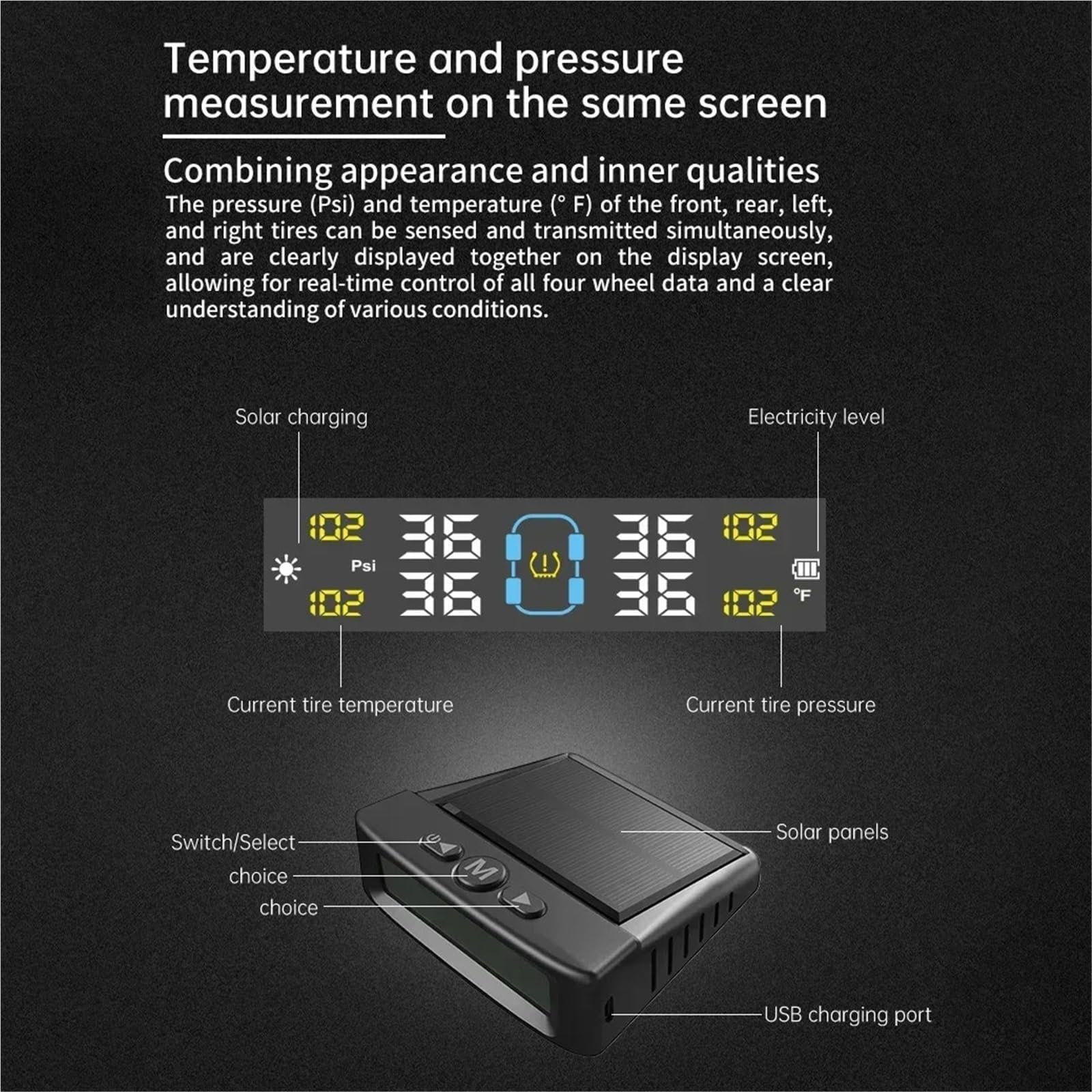 Allarme per Auto di Sensori Sistema di Monitoraggio della Pressione dei Pneumatici TPMS | Sistema di allarme di sicurezza per auto Wireless solare e alimentato tramite USB 4 sensori(Built-in)