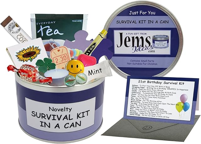 21st Birthday Survival Kit In A Can. Novelty Fun Gift - Humorous Happy 21st Present & Card All In One. Customise Your Can Colour. (Purple/Lilac)