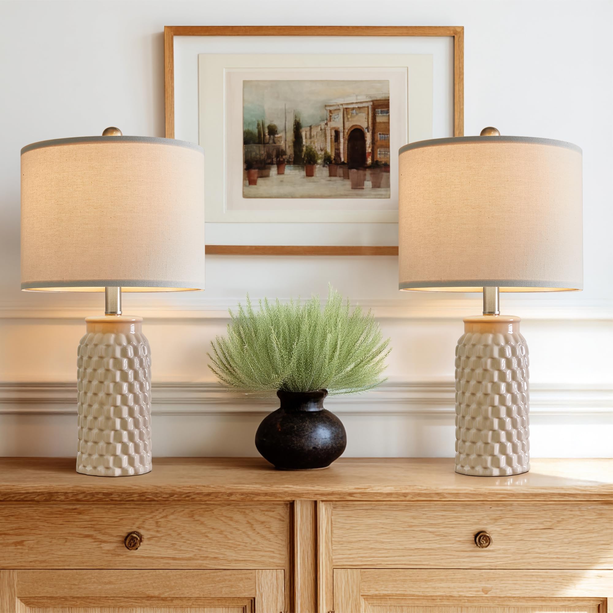 Photo 1 of Vortether 2-Pack Cream Ceramic Honeycomb Table Lamps, 20.5"