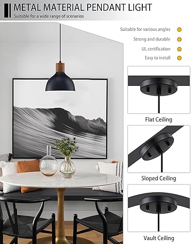 Miniatura 4 de Paquete de 3 lámparas colgantes vintage de 8 pulgadas, lámpara colgante de metal industrial con acabado negro de madera de goma para isla de cocina,