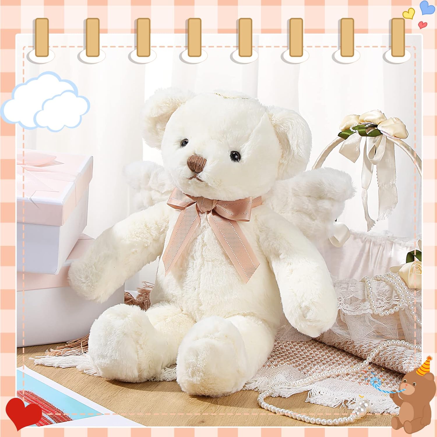 Sratte 16 Inch Angel Bear Plush Stuffed Animal with Wings Bow Soft Cute Stuffed Bear Plushies Toy for Boys Girls Birthday Baby Shower Baptism Christening Family - Image 2