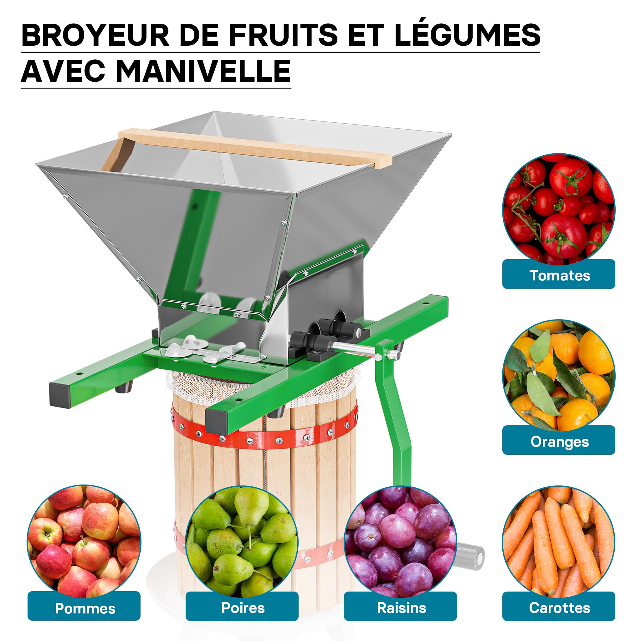 WilTec Kit Presse et Broyeur à Fruits – capacité 7 L / 18 L – avec Entonnoir en Acier, Panier en hêtre et Torchon Sac de filtrage – Pressoir Manuel pour Moût de Pomme Poire Raisins Baies – Vin Cidre