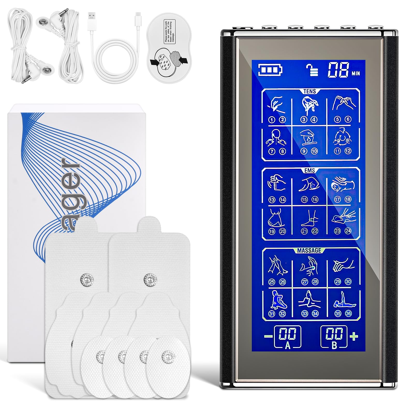 Elettrostimolatore Muscolare 3 in 1 TENS Elettrostimolatore a Doppio Canale 36 Modalità 20 Livelli di Intensità con 10 Elettrodi per Alleviare Il Dolore e Costruire Muscoli