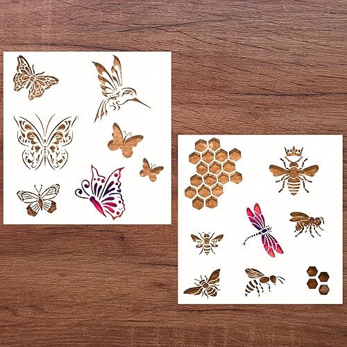Juego de 2 plantillas con abejas y mariposas, plantillas para pintar en paredes de madera, muebles, plantillas de abeja y mariposa para