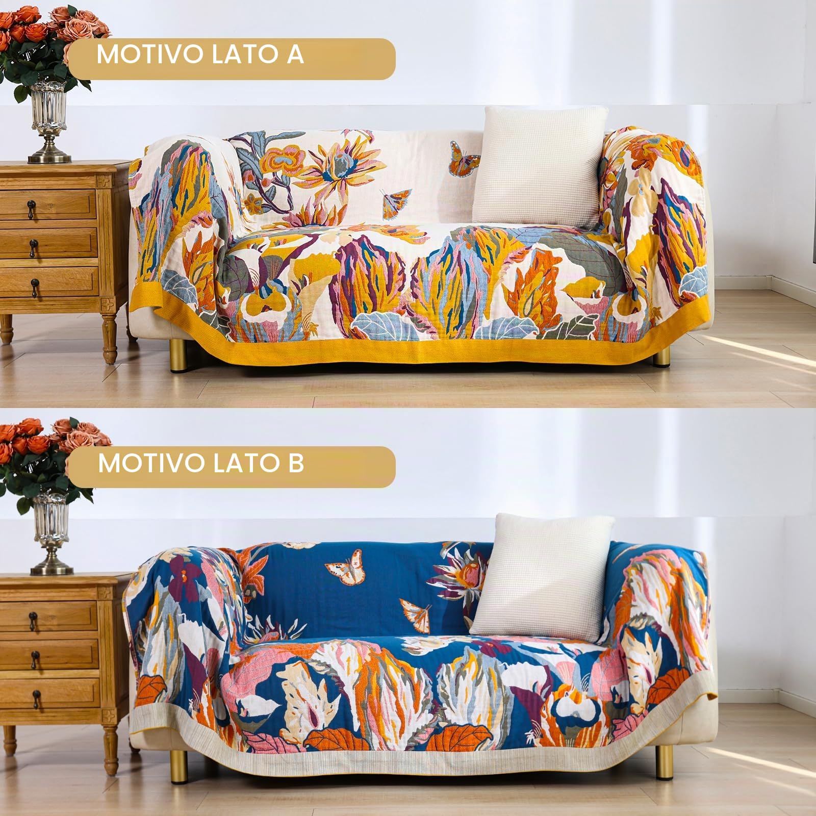 VANJOROY Coperta per Divano Grande in Musola 100% Cotone, Morbida e Amica della Pelle, Copriletto di Lusso Bohemian per Divani a 2 o 3 Posti, Poltrone, Divani e Copriletto. 150 x 200 cm - Beigebianco