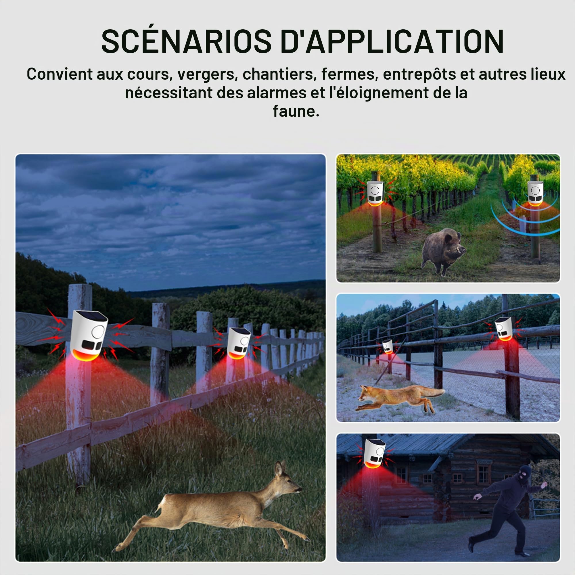 Détecteur de Mouvement Solaire extérieur - 110 DB - Bruit Fort - 4 Modes de Fonctionnement - Lumière stroboscopique avec USB - pour la Maison, la Villa, la Cour, Le poulailler, la Ferme, la