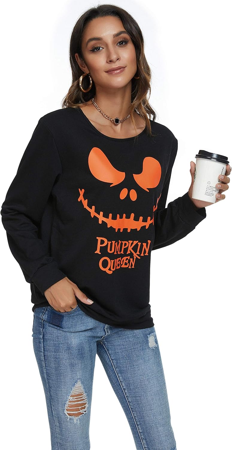 Women's Funny Halloween Pumpkin Face Sweatshirt Slouchy Witch Shirt Long Sleeve Pullover Tops for Thanksgiving Gift - Image 5