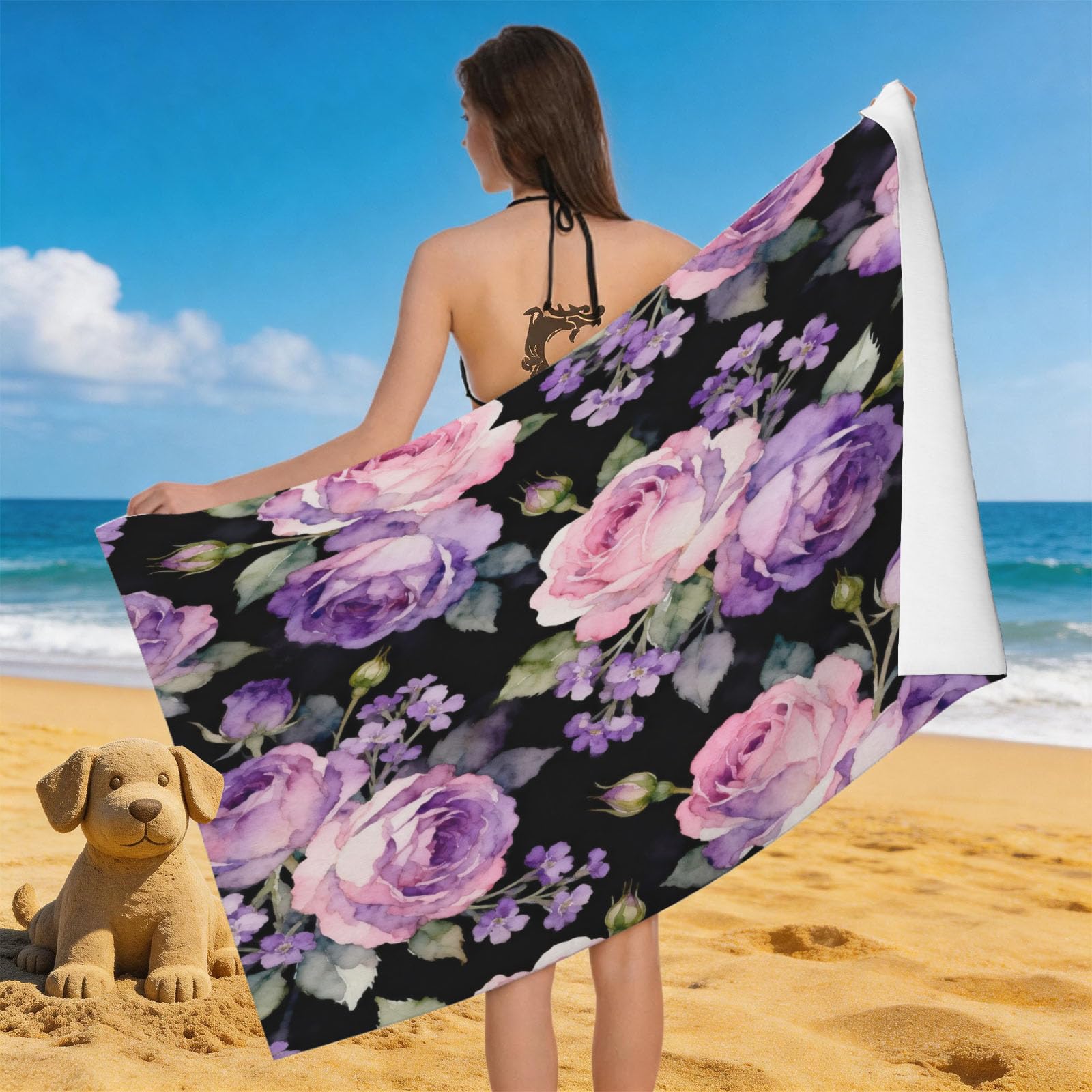 Leichong 3D Watercolor Rose Beach Towel Microfiber Soft Quick Dry for Adults, Chic Bath Towel Lightweight Soft Absorbent for Travel Swimming Pool Sports, 75 x 150 cm