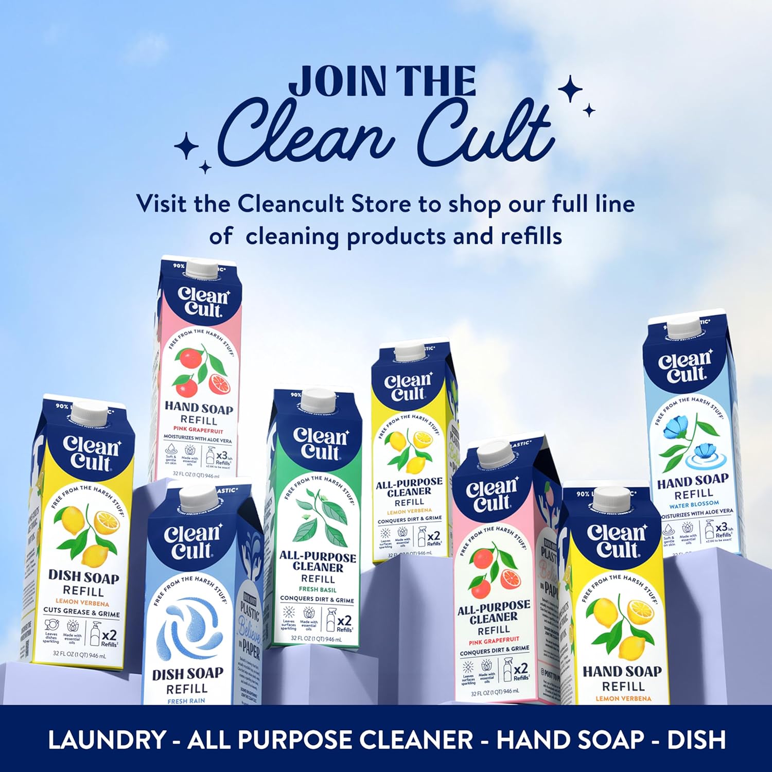 Cleancult Dish Soap Liquid Refill (32oz, 3 Pack) - Plant Based Cleaning Power - Dish Soap that Cuts Grease & Grime - Free of Harsh Chemicals - Uses 90% Less Plastic - Fresh Rain