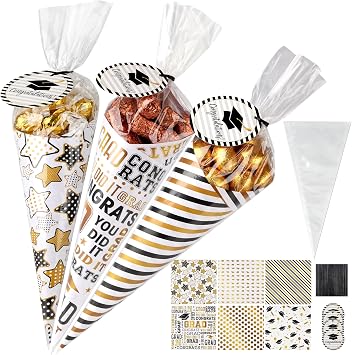 Graduation Treat Bags- 60 Pack DIY Grad-Themed Sweet Cones Shaped Candy Bags Set with Clear Triangle Bag, Graduation Wrapping Paper & Tag for Grad Party Gift Favors Wrap, Congrats Grad Party