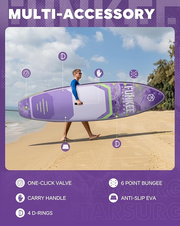 FUNKEE 11’×34"×6" Extra Wide Inflatable Stand Up Paddle Board, Sup Board with Removable Fins, Backpack, Floating Paddle, Safety Leash, Floating Phone Case for Adults & Youth of All Skill Levels by FUNKEE - Used condition - Image 5
