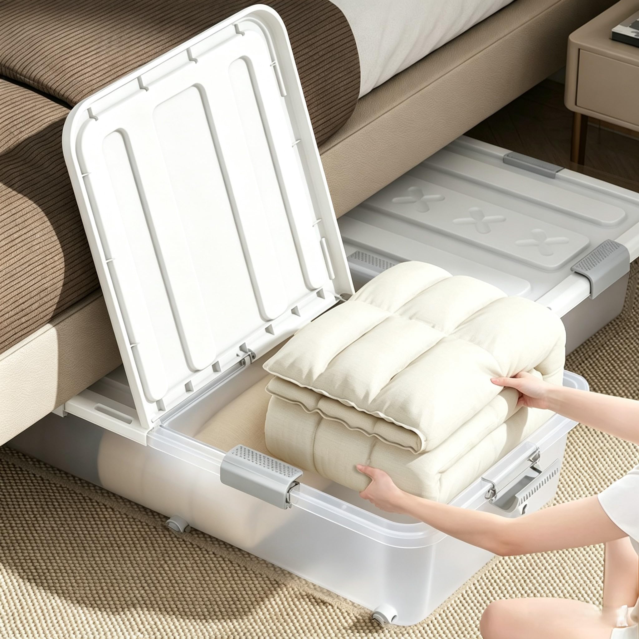 3 Stück Unterbett-Aufbewahrungsbehälter mit Rollen, transparenter Kunststoff-Unterbett-Aufbewahrungsbehälter mit Deckel, faltbarer Roll-Organizer, doppelseitige Öffnung, staubdichte Aufbewahrungsbox