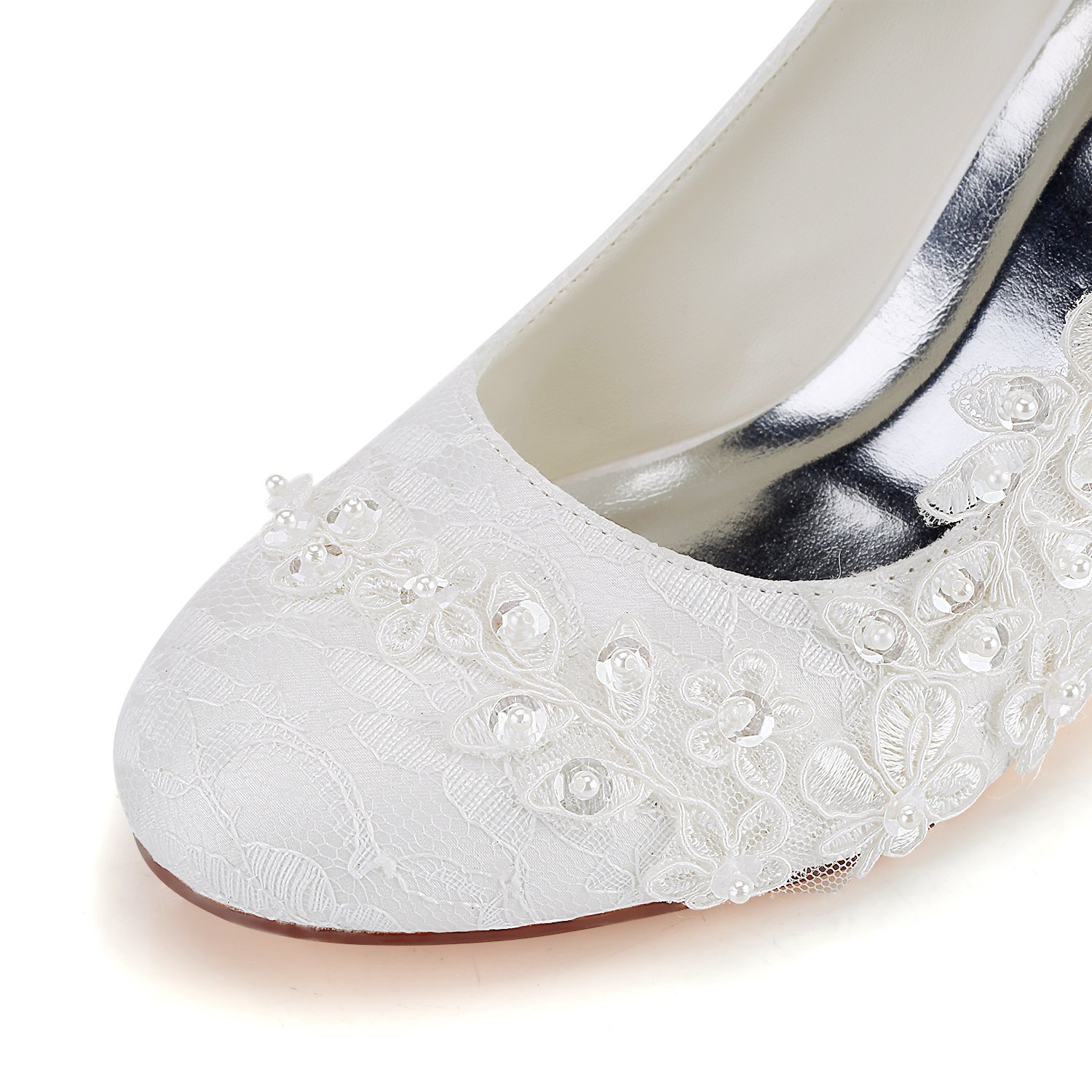 Hochzeitsschuhe Damen Seide wie Satin Stöckel Absatz Pumps mit Stitching Spitze Blume Crystal Pearl,