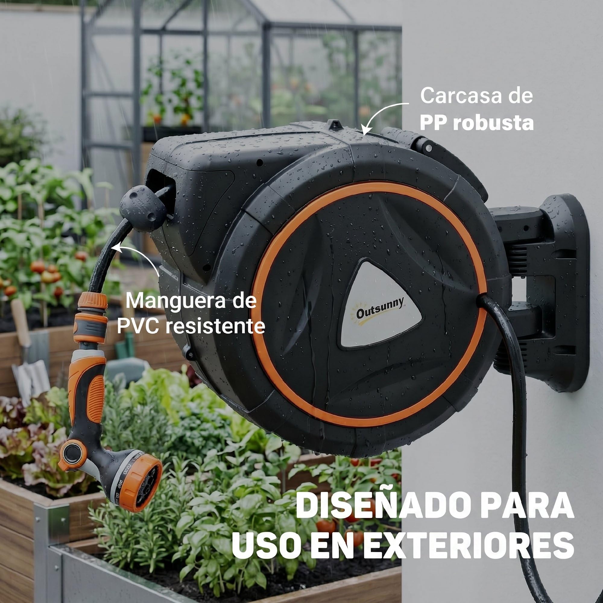 Outsunny Enrollador de Manguera para Jardín 28+2 m con 12 Modos de Rociado, Carrete de Manguera de Jardín de Pared con Bloqueo Automático y Retracción Controlada, Soporte Orientable 180°, Naranja