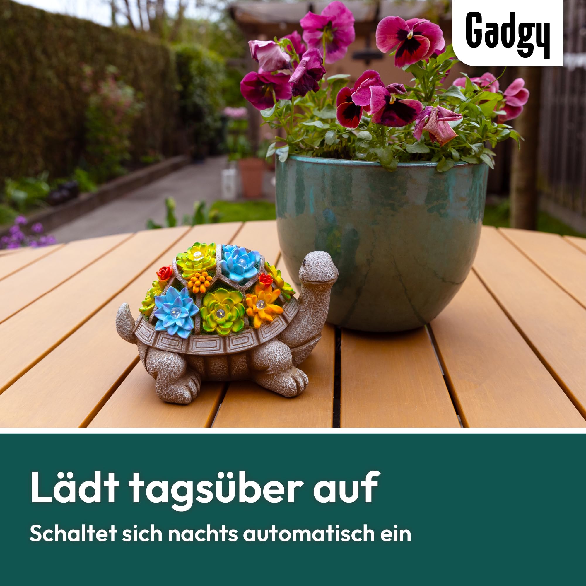 Gadgy Solar Gartenfiguren Schildkröte - Solarlampen für außen - Solarleuchte Figuren Deko mit Sukkulenten - Gartendeko für draußen - Balkon Deko Tierfigur - Gartenfigur Ornament Solarlaterne