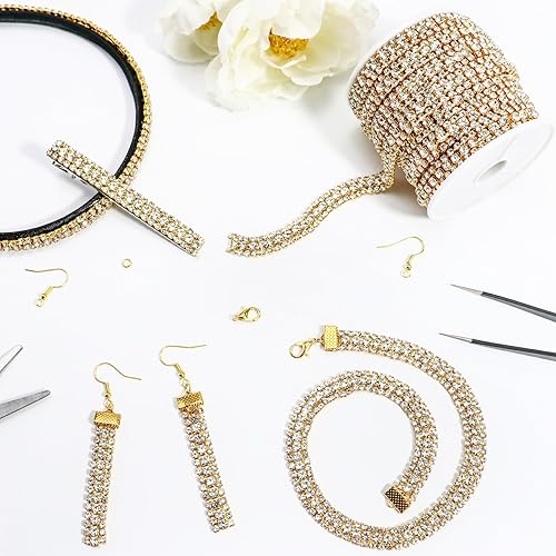 Miniatura 4 de Cadena de diamantes de imitación de cristal de 6 yardas y 3 filas, cadena de cierre de diamantes de imitación de cristal dorado para hacer joyas,