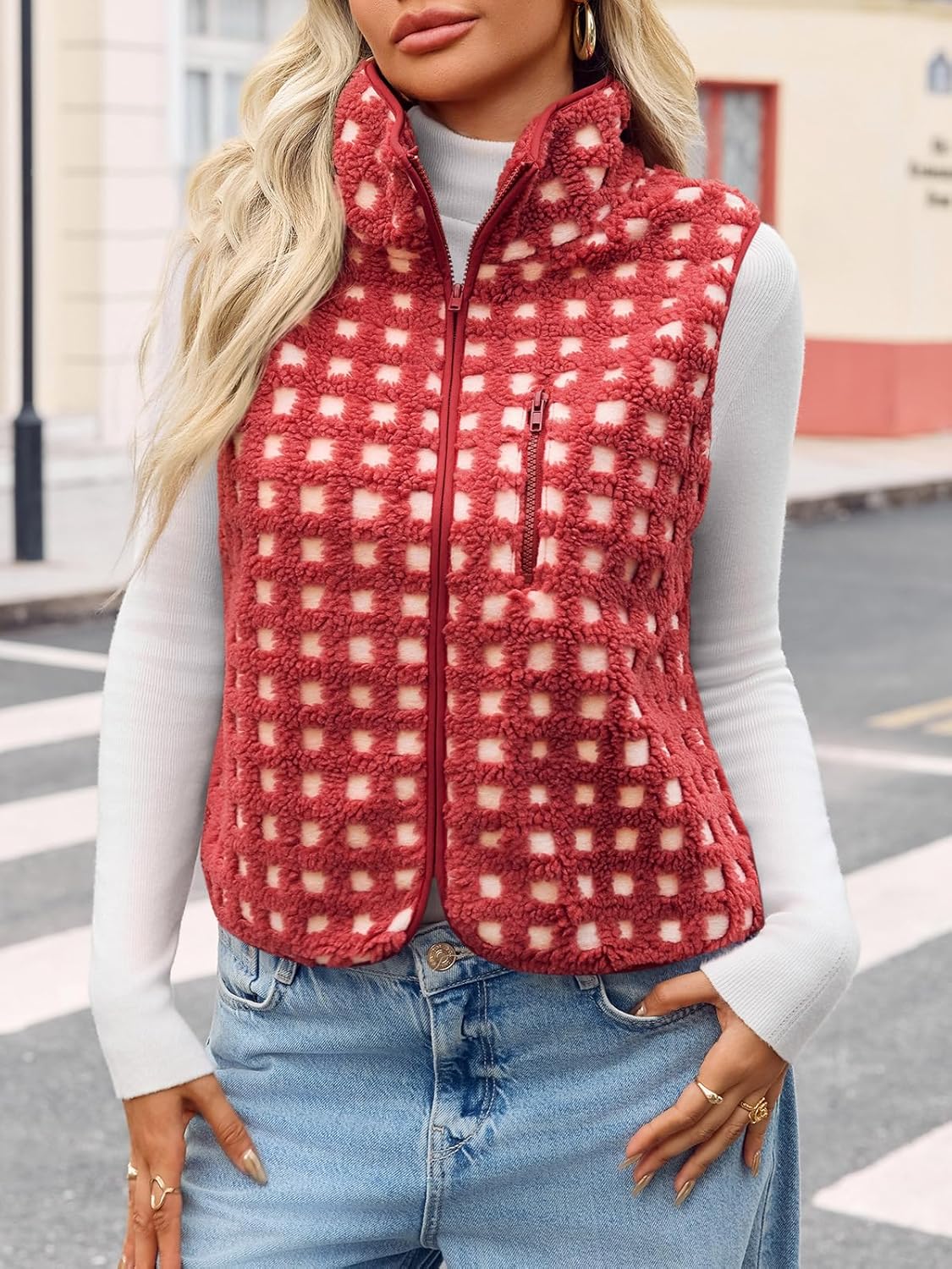 Tankaneo Womens Checkered Sherpa Vest Fleece Fuzzy Zip Up Sleeveless Jacket Casual 2025 Winter Warm Outwear - Image 2