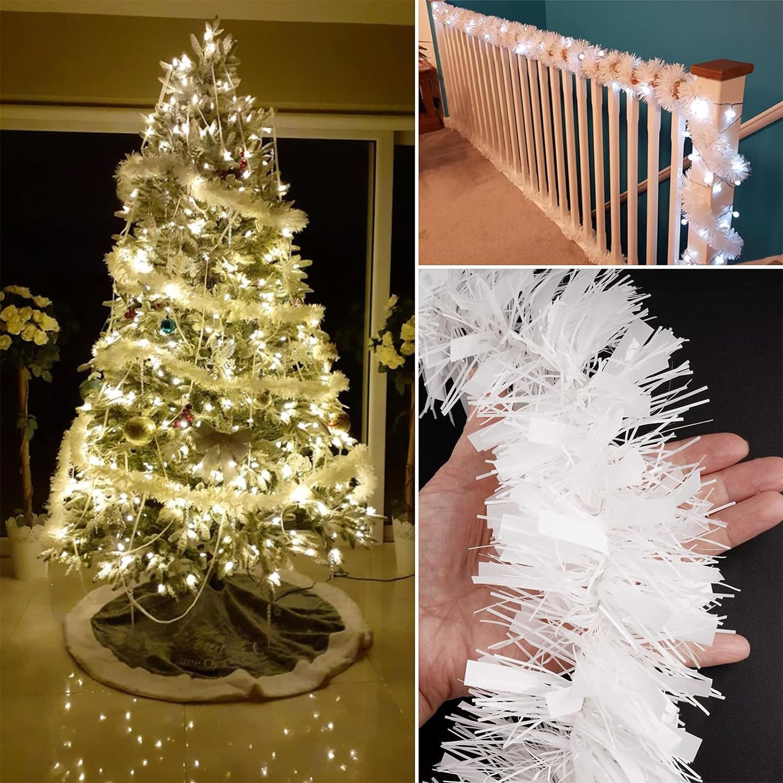 Guirnalda de oropel blanca de 100 pies, guirnalda de oropel del 4 de julio, guirnalda metálica para árbol de Navidad, Año Nuevo, vacaciones, fiestas de cumpleaños (3.54 x 50 pies, blanco)