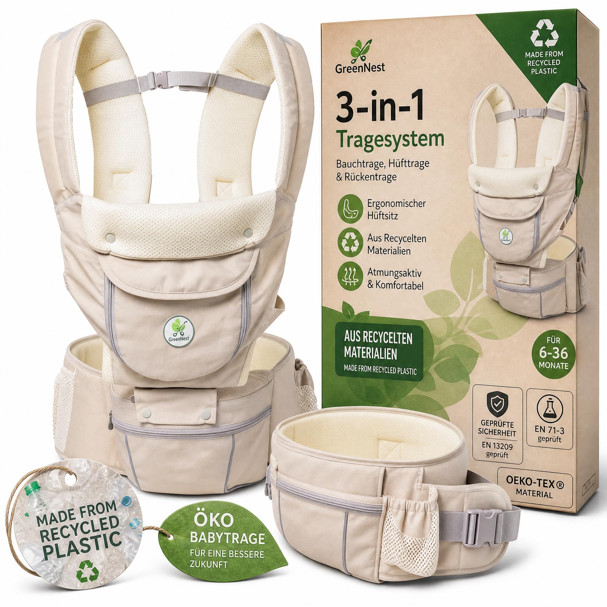 ÖKO Babytrage mit Hüftsitz 3 in 1 aus recycelten Materialien Bauchtrage, Hüfttrage & Rückentrage - atmungsaktiv mit Kapuze, Stauraum, Flaschenhalter für 6-36 Monate bis 3-29 kg