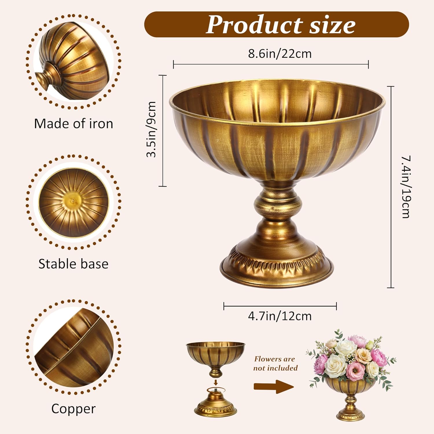 Distressed Gold Flower Vases for Centerpieces,Vintage Metal Pedestal Flower Bowl,Rustic Gold Vase for Wedding Table Decor, Floral Arrangements,Home Decoration,2-Pack