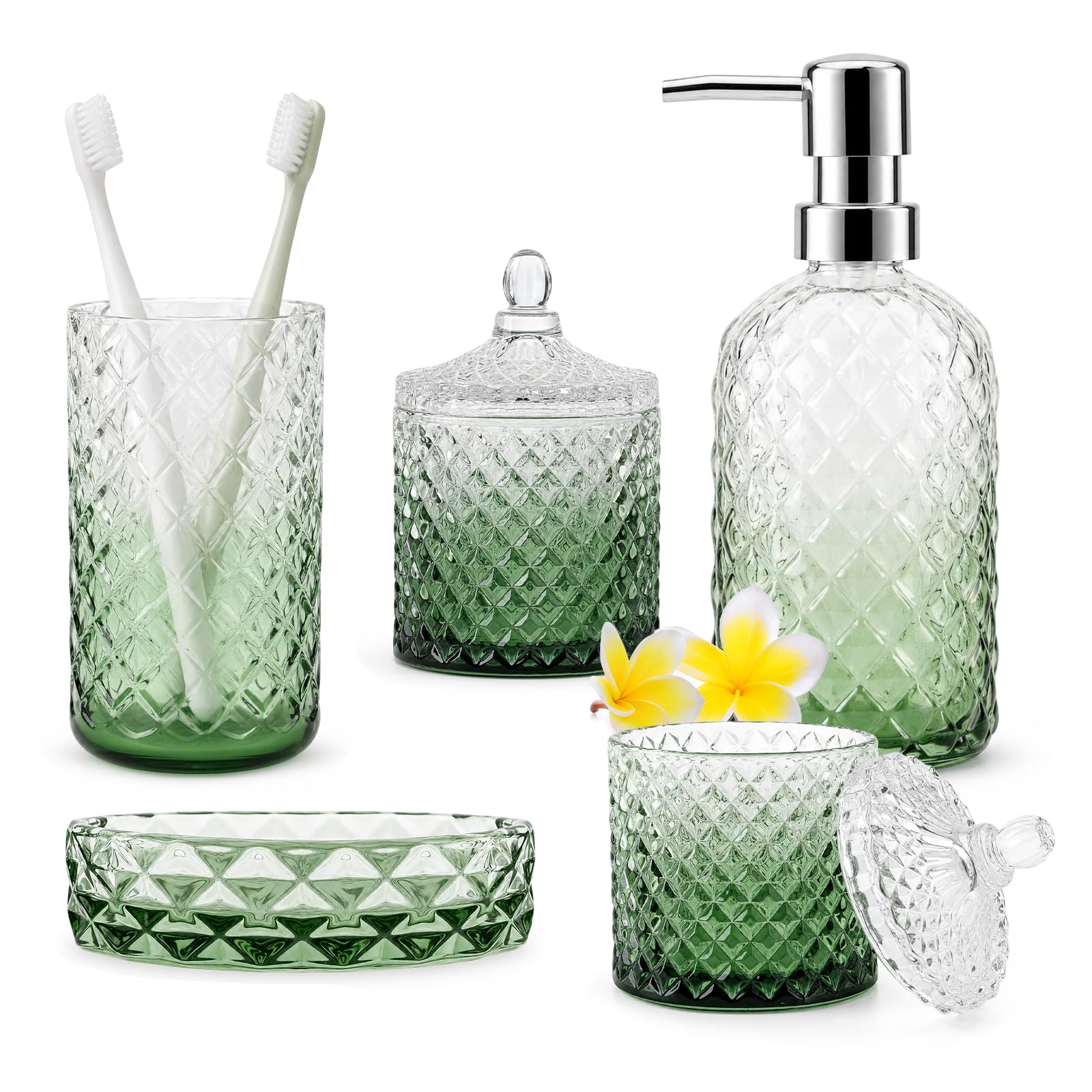 Glass Bathroom Accessories Set | Soap Dispenser & Organizer Gradient Green