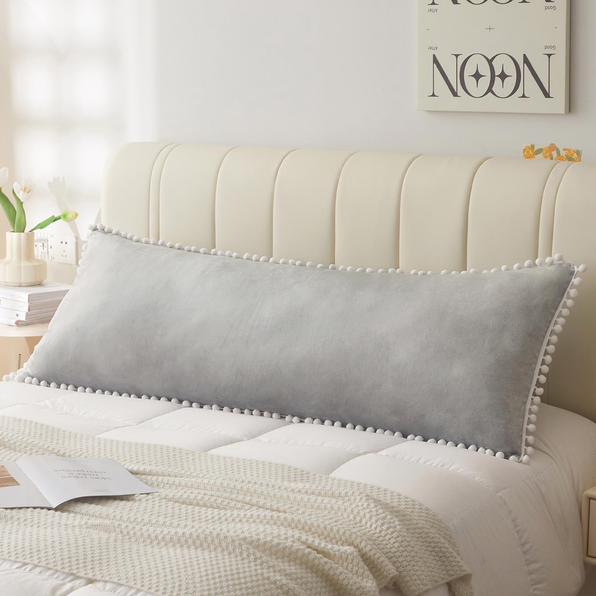 LIFEREVO Pom Poms Velvet Bed Body Pillow Cover, Long Soft Fuzzy Body