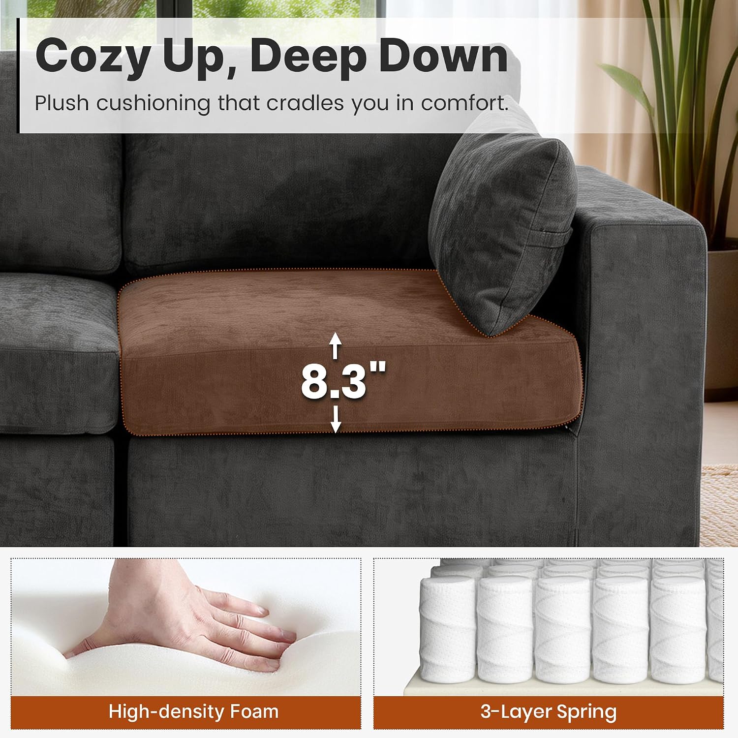 113" Oversized Sectional Sofa Set, Extra Large Modular Couch with Ottoman, Premium Linen Cloud Couch Deep Seat Sofa Cushion Covers Removable for Living Room (3 Seater+1 Ottoman Grey)