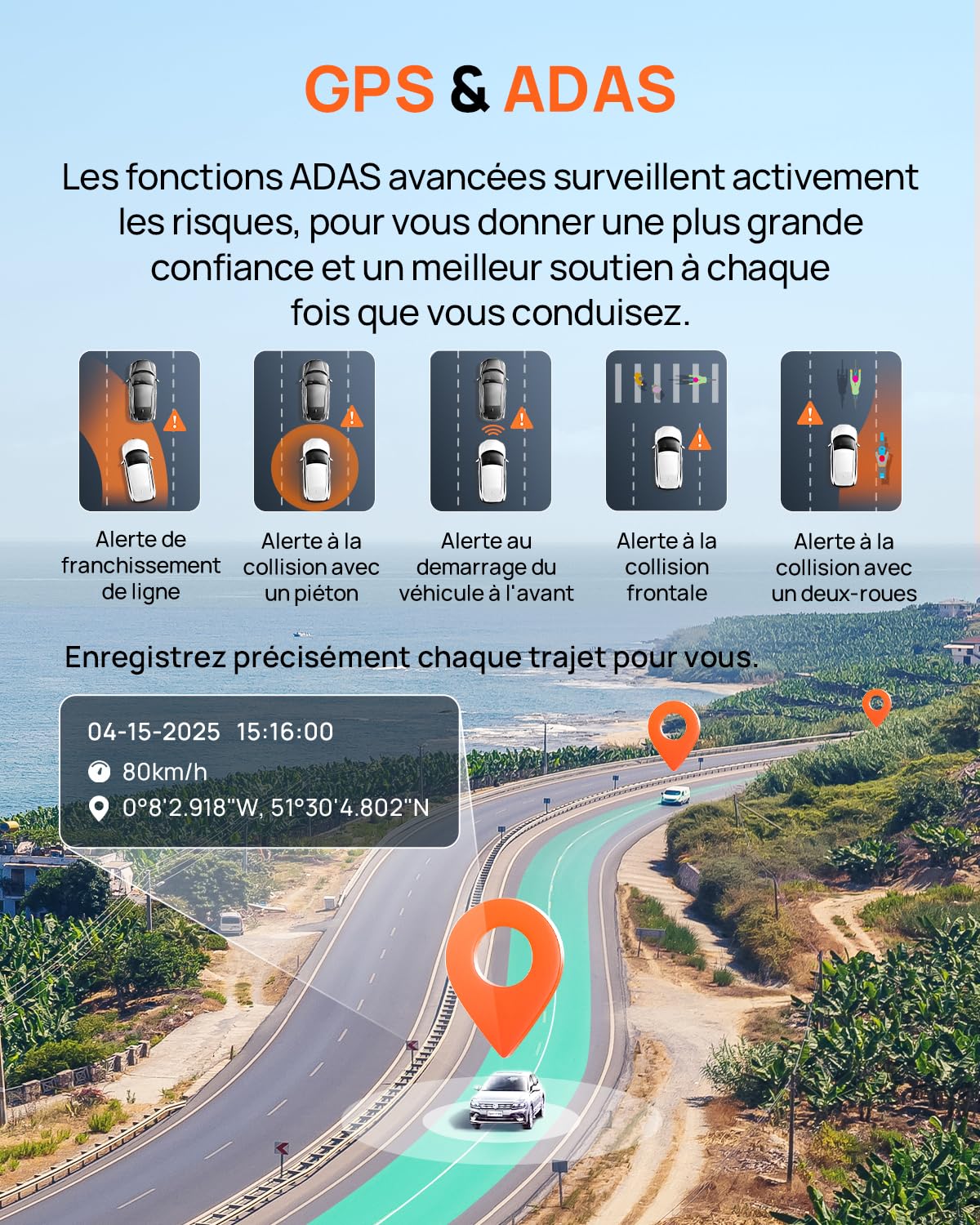70mai Dash Cam Voiture 4K A800SE - Caméra Double (4K UHD Avant+1080P Arrière) avec GPS, Wi-FI, microSD 128GB Go, Ouverture F1.55, Vision Nocturne, ADAS, Écran IPS 3", Surveillance Stationnement 24/7
