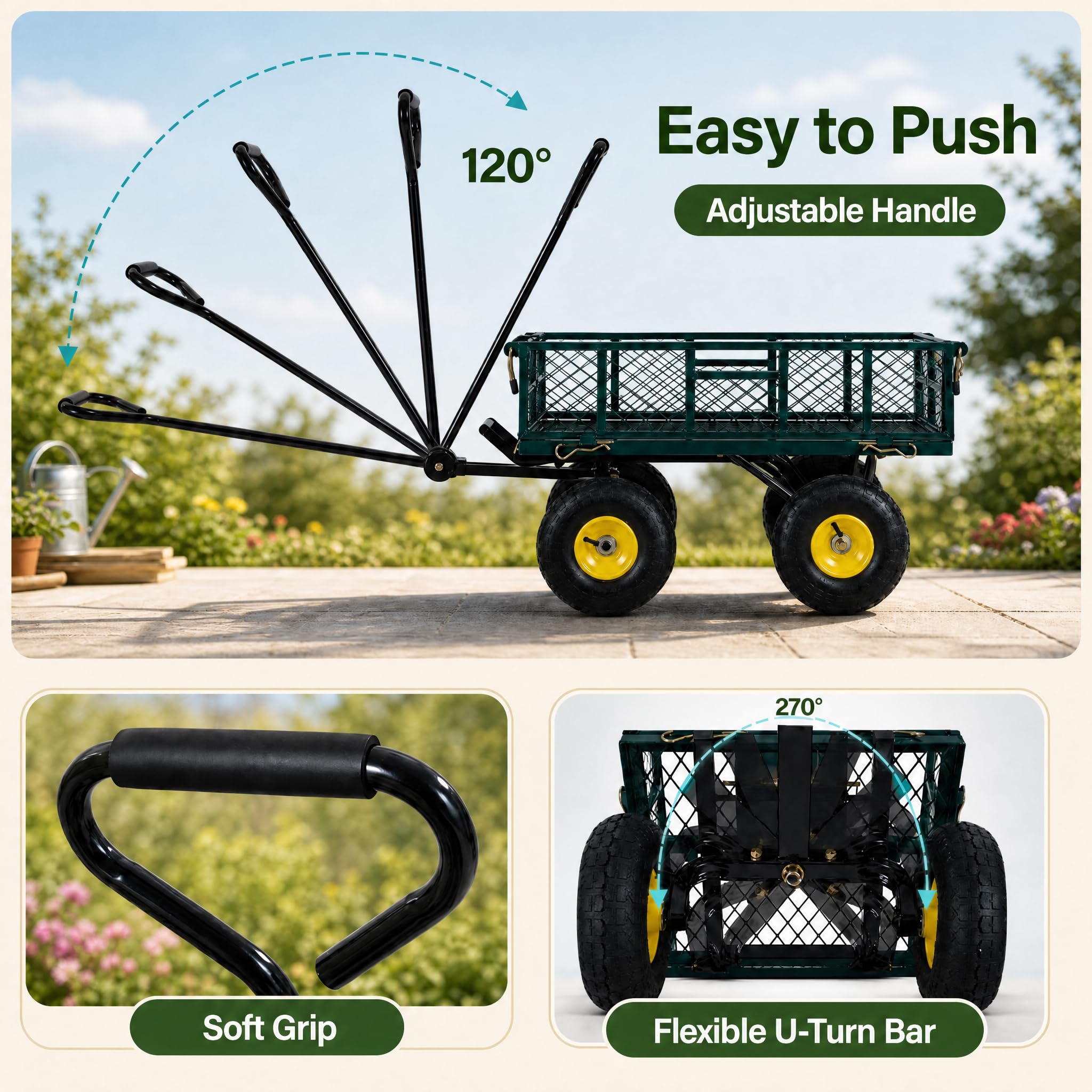HOMASIS Carrello da Giardino Portatutto con 4 Ruote Grandi, Maniglia Regolabile, Rete Rimovibile, Fodera, Carretto Trasporto Porta Attrezzi, Carriola a Mano per Spiaggia, Campeggio, Portata 410 kg