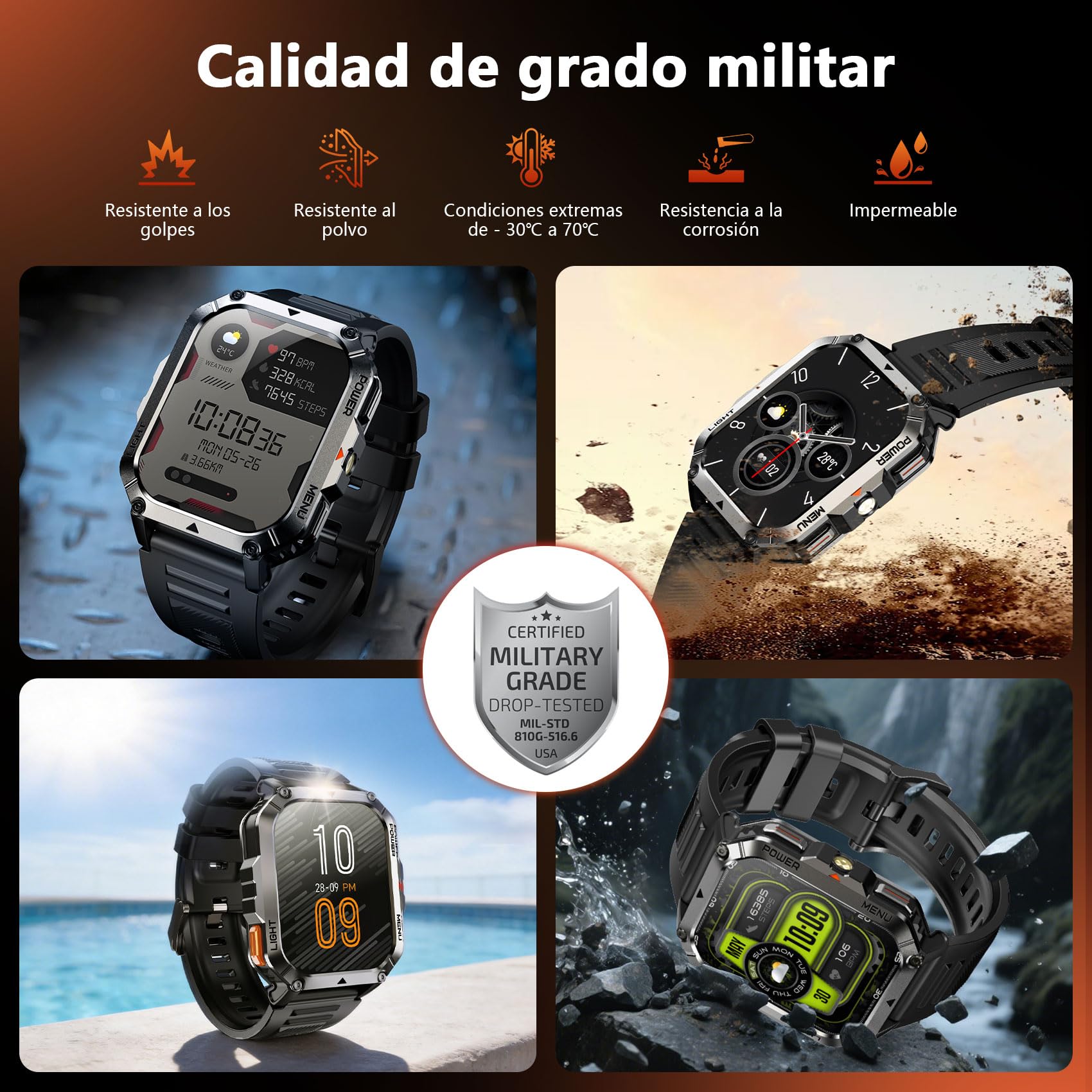 Blackview Reloj Inteligente Hombre Militar - Linterna y Brújula, 2.01"Smartwatch Hombre con 100+ Modos Deportivos, Llamadas Bluetooth/Notificación, Pulsómetro/Oxímetro/Sueño, Pulsera Actividad, Negro