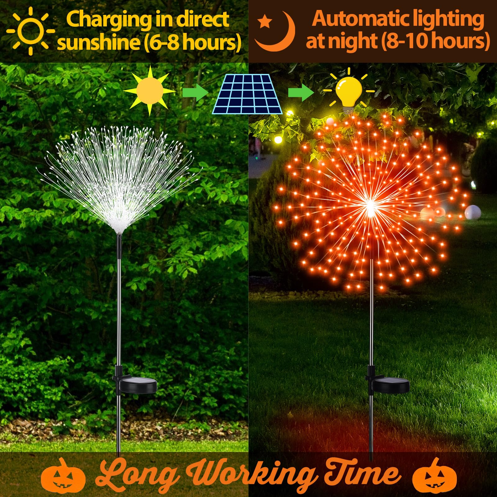 Tujoe Lot de 4 lampes solaires sur piquet 180 LED, 8 modes, étanches, décoration d'extérieur pour allée, jardin, terrasse, allée, cour, pelouse (orange)