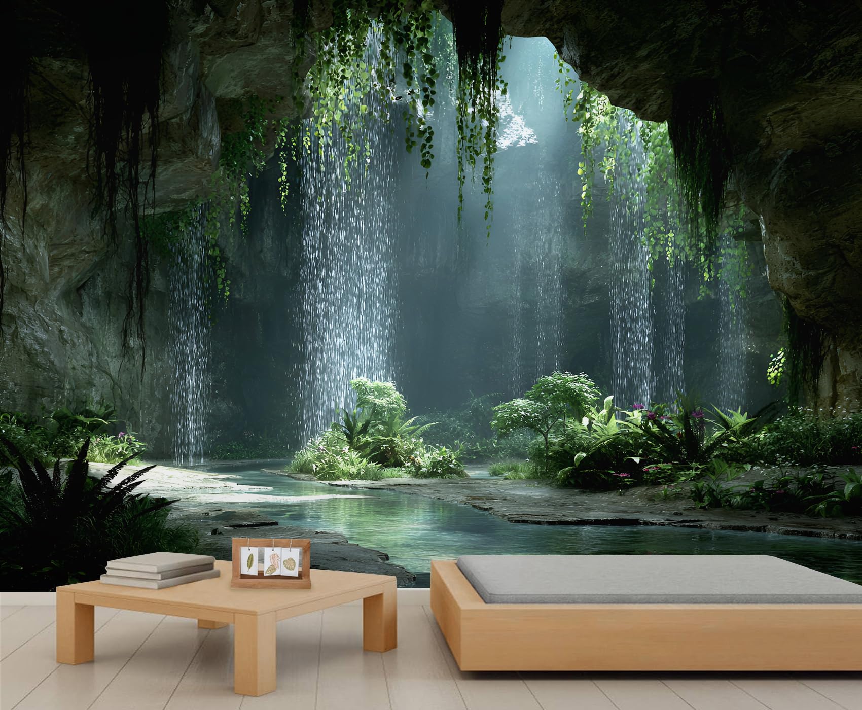 YEMYOR Waterfall Mural Wallpaper 3D Cave Waterfall Wallpaper for TV and Sofa Background Natural Landscape Wall Mural for Living Room Bedroom-400x280cm โ image 1